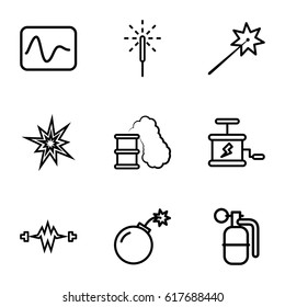 Spark icons set. set of 9 spark outline icons such as sparkler, bomb, dynamite, smoking can, explode, electricity