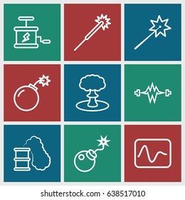 Spark icons set. set of 9 spark outline icons such as sparklers, bomb, dynamite, explosion, smoking can