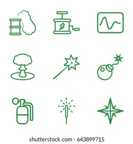Spark icons set. set of 9 spark outline icons such as bomb, sparkler, dynamite, explosion, smoking can, electricity