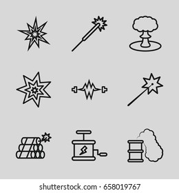 Spark icons set. set of 9 spark outline icons such as sparklers, dynamite, explosion, smoking can, explode