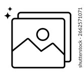 Spark image gallery icon vector illustration simple modern outline design with photo frame and sparkle effect for media interface UI.