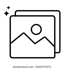 Spark image gallery icon vector illustration simple modern outline design with photo frame and sparkle effect for media interface UI.