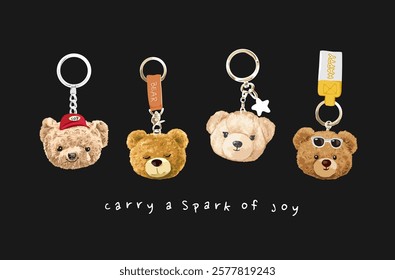 spark of joy slogan with cute bear keychaon pendant vector illustration on black background