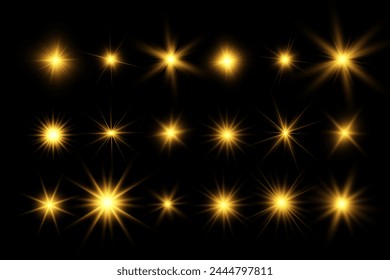 Chispa de luz. La estrella parpadea brillantemente. Conjunto de efectos brillantes.	