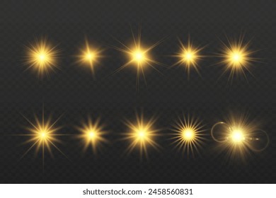 Chispa de luz. La estrella parpadea brillantemente. Conjunto de efectos brillantes.	