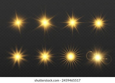 Chispa de luz. La estrella parpadea brillantemente. Conjunto de efectos brillantes.