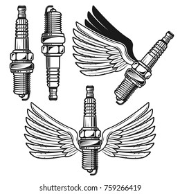 Spark plug with angelic wings set of vector objects and design elements in monochrome style isolated on white background