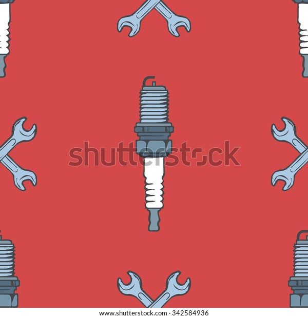 Spark plug with crossed wrenches Seamless\
Pattern Vector\
illustration