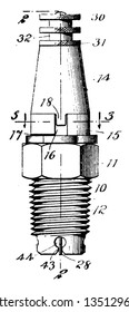 Spark Plug es un dispositivo eléctrico que encaja en la culata de un motor de combustión interna y enciende el gas mediante una chispa eléctrica, un dibujo de la tubería vintage o una ilustración de grabado.