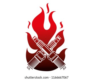 spark plug engine pieces crossed in flame