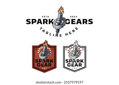 spark plug with fire and gear colorful and outline logo design set for garage, automotive, motorcycle club vehicle sparking plug, serration illustration badge logo template for rider, racing sport 