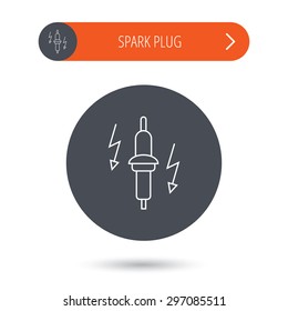 Spark plug icon. Car electric part sign. Gray flat circle button. Orange button with arrow. Vector