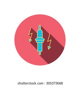 Spark plug icon. Car electric part sign. Red flat circle button. Linear icon with shadow. Vector