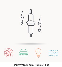 Spark plug icon. Car electric part sign. Global connect network, ocean wave and burger icons. Lightbulb lamp symbol.