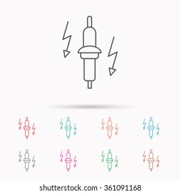 Spark plug icon. Car electric part sign. Linear icons on white background.
