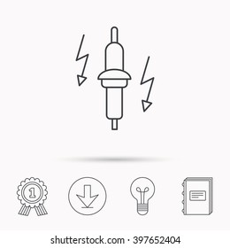 Spark plug icon. Car electric part sign. Download arrow, lamp, learn book and award medal icons.