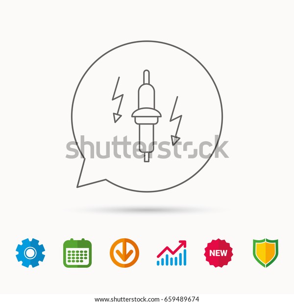 Spark plug icon. Car electric part sign. Calendar,\
Graph chart and Cogwheel signs. Download and Shield web icons.\
Vector