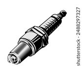 Spark plug for motorbike or car spare parts isolated on white background, black and white vector spark plug, flat cartoon illustration, icon, symbol, etc