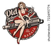 Spark Plug Pin Up Girl illustration with piston and wrench. Vintage style. (Color version) All elements, text are on the separate layer.