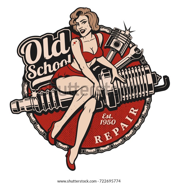 Spark Plug Pin Up Girl illustration with piston\
and wrench. Vintage style. (Color version) All elements, text are\
on the separate layer.