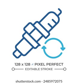 Spark plug replacement two color line icon. Ignition system upkeep. Mechanical services. Car maintenance bicolor outline symbol. Duotone linear pictogram. Isolated illustration. Editable stroke