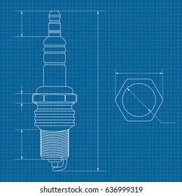 Spark plug. Technical drawing on blueprint paper. Vector illustration