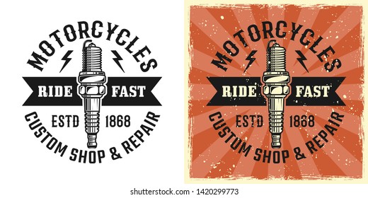 Spark plug vector emblem, badge, label, logo or t-shirt print in two styles monochrome and vintage colored with removable grunge textures