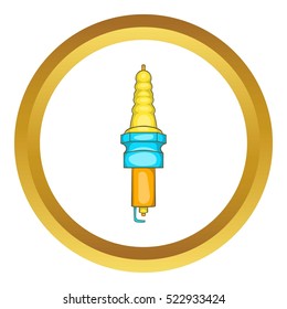 Spark plug vector icon in golden circle, cartoon style isolated on white background