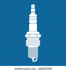 Spark plug. Vehicle part. White icon on blueprint background. Vector illustration