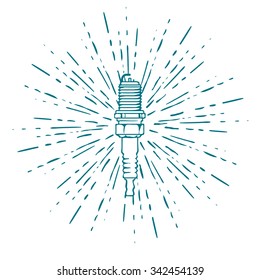 Spark Plug with Vintage Sun Burst Isolated on white Vector illustration