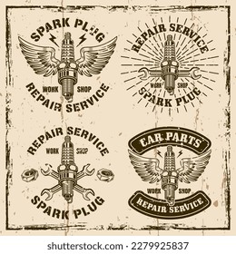 Spark plug with wings, car repair service set of four vector emblems, logos, badges, labels, stickers in vintage style on grunge textures background