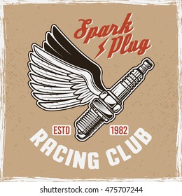 Spark plug with wings and headline text vintage colored poster, isolated on background with grunge texture and frame vector illustration. Racing club vintage emblem