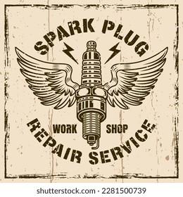 Spark plug with wings vector emblem, logo, badge, label, sticker in vintage style on grunge textures background