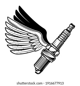 Spark plug with wings vector illustration in monochrome style isolated on white background