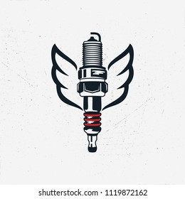 Spark plug with wings. Vintage hand drawn automobile tools. Sparking-plug in silhouette style. Stock vector isolated on white background.