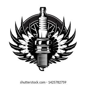 Spark plug with wings. Vintage moto emblem.