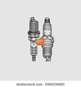 spark plugs in engraving style. Design element for poster, card, banner, sign. Vector illustration