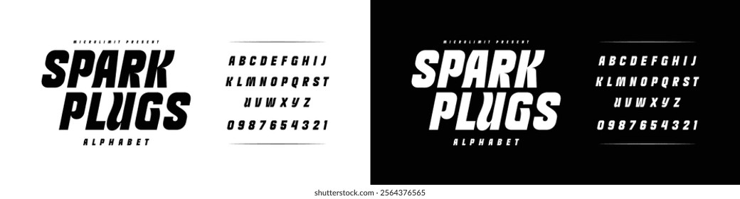 Spark Plugs: Modern Sport Italic Font. An urban-style typeface designed for technology, digital media, movies, and logo design. A collection of sleek and stylish uppercase alphabets.