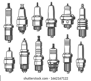 Spark plugs types, car ignition system and spark-ignition engine spare part. Vector isolated vehicles parts, auto service, mechanic garage and automotive maintenance symbols