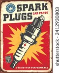 Spark plugs vintage garage sign design. Retro ad for auto parts and car service. Transportation vector illustration.