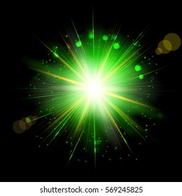 Spark vector light effects. Green star and star burst shine. Magic illumination. Glowing rays and flash. spotight  blurred motion.