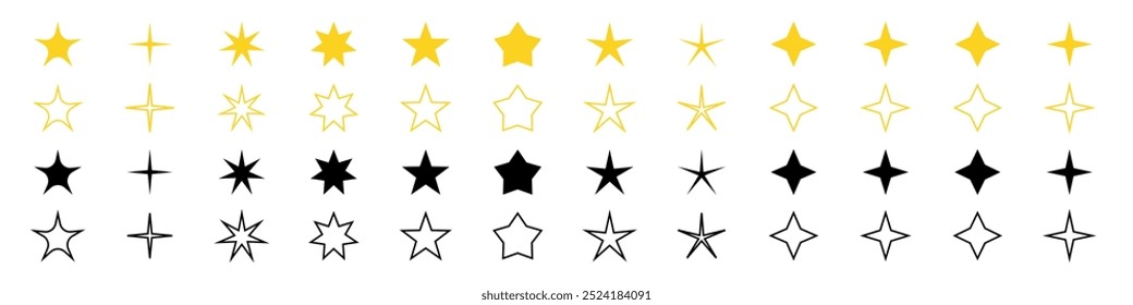 Conjunto de estrellas brillantes. centellean estrellas. Estrellas de diferente forma. Iconos del vector