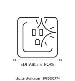 Sparking outlet linear icon. Short circuit. Crackling sounds. Faulty wiring. Water exposure. Thin line customizable illustration. Contour symbol. Vector isolated outline drawing. Editable stroke