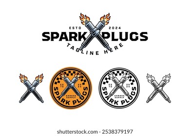 sparking plug with fire crossed colorful and outline logo design set for garage, automotive, motorcycle club vehicle spark plug with flame illustration badge logo template for rider, racing sport 