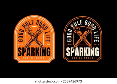 sparking plug with fire crossed retro badge logo design for garage, workshop, spare part, extreme sport. sparking club with flame crossed emblem logo collection for racer, motorcycle, rider 