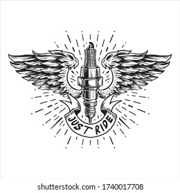 sparking plug with wings with just ride letter line art illustration