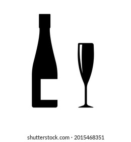 Sparking Wine bottle and glass flat icon. Graphic Wine sign isolated.  Vector illustration on white background