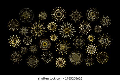 Sparkle Art Deco Star Shape Fireworks Burst Pattern Collection. Gold Star Shaped Firework Pattern Isolated Collection. Carnival Celebration Firecracker Explosion, Birthday Party Festive Decoration.