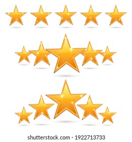 Sparkle award glossy five golden star success review set. Gold glittering rating or winner symbolic ornament, twinkle star rate for status or service evaluation vector illustration isolated on white