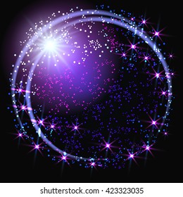 Sparkle background and glowing round frame with shiny star